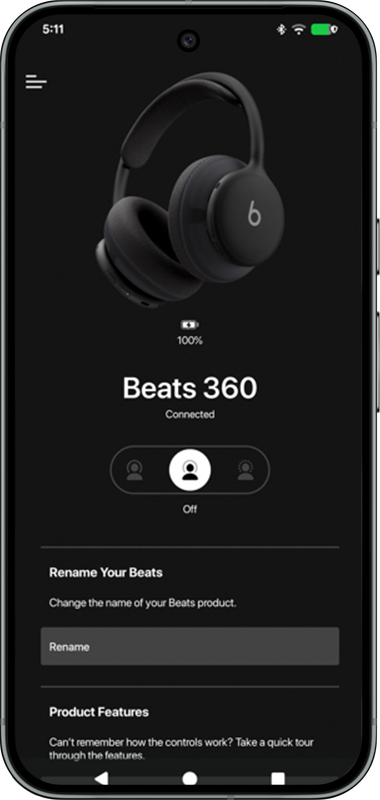 Android device with Beats 360 in black featured on the Beats app