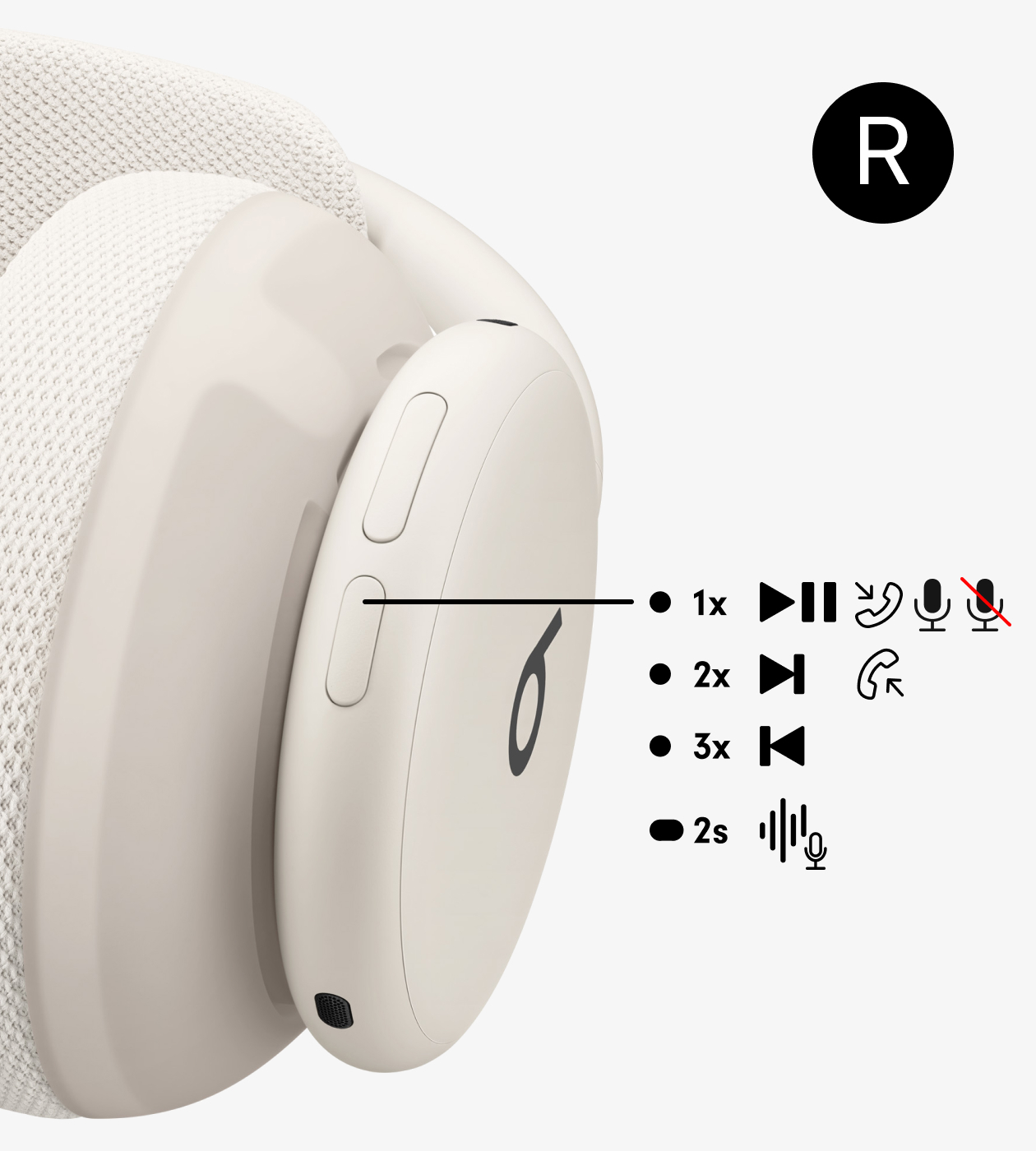 Close up of Beats 360 play/pause button for media playback, calls, and activating Siri or voice assistant