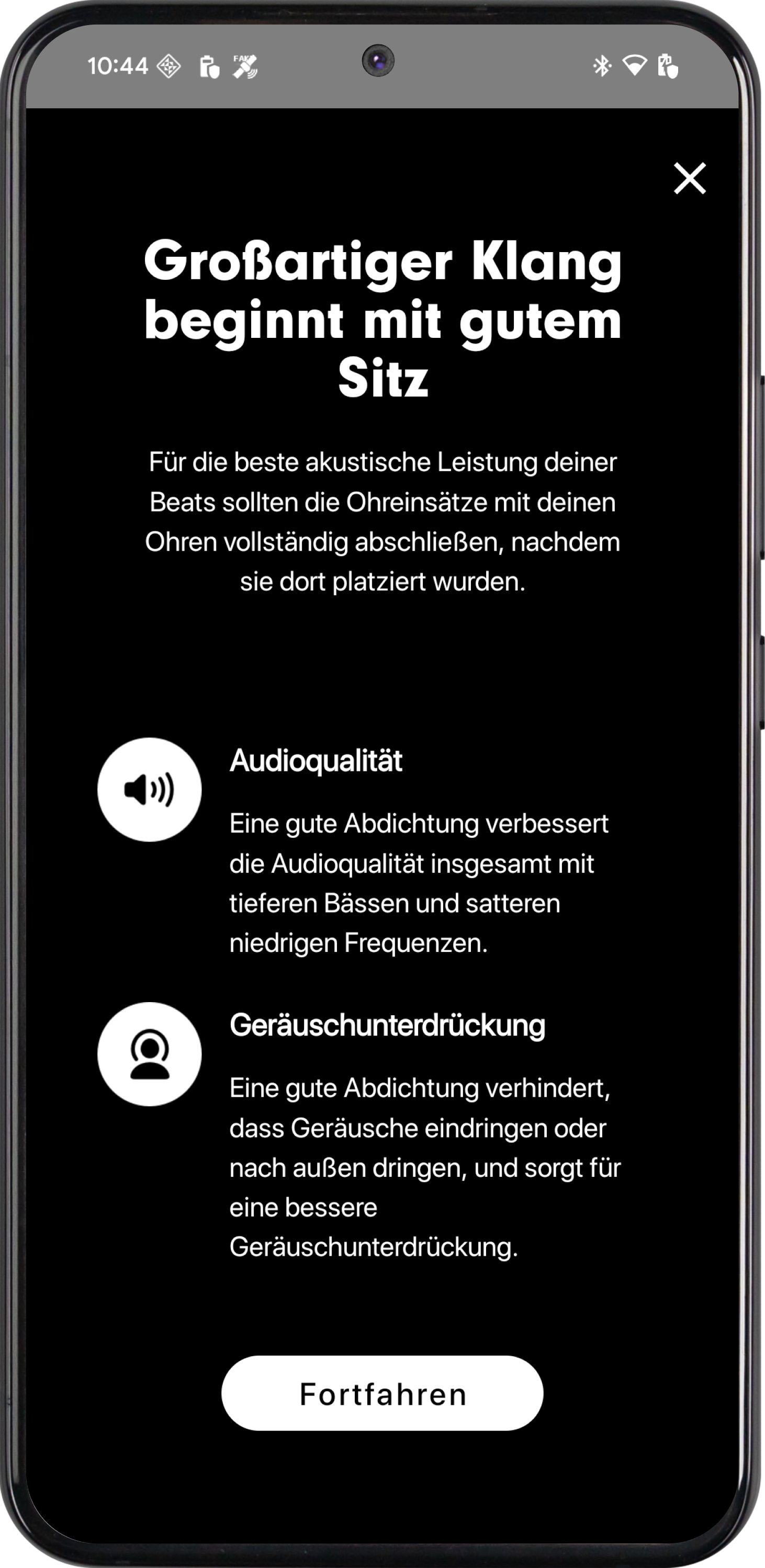 Bildschirm des Passtests für Ohreinsätze auf einem Android-Telefon