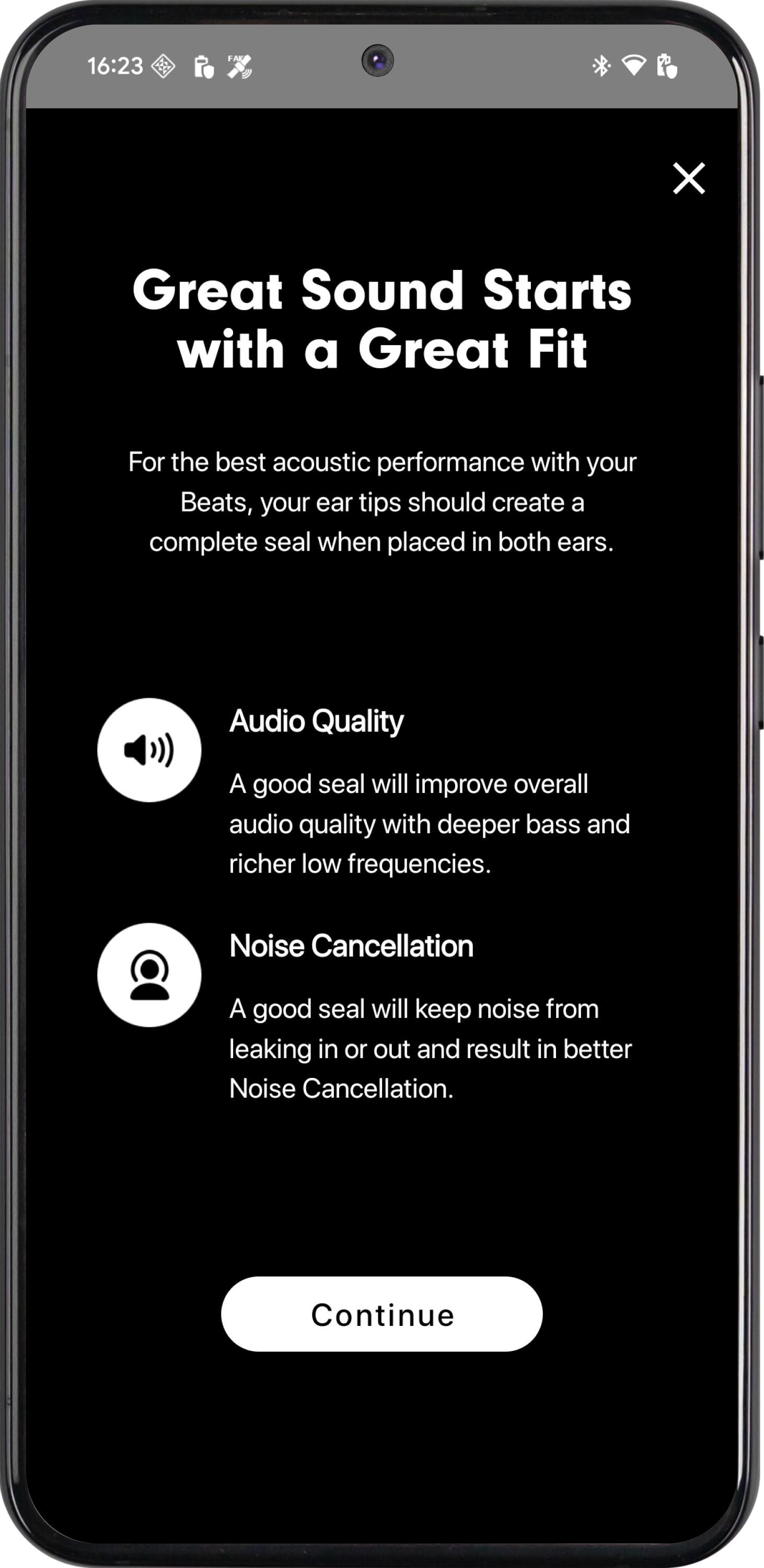 Screen of the Ear Tip Fit Test on an Android phone