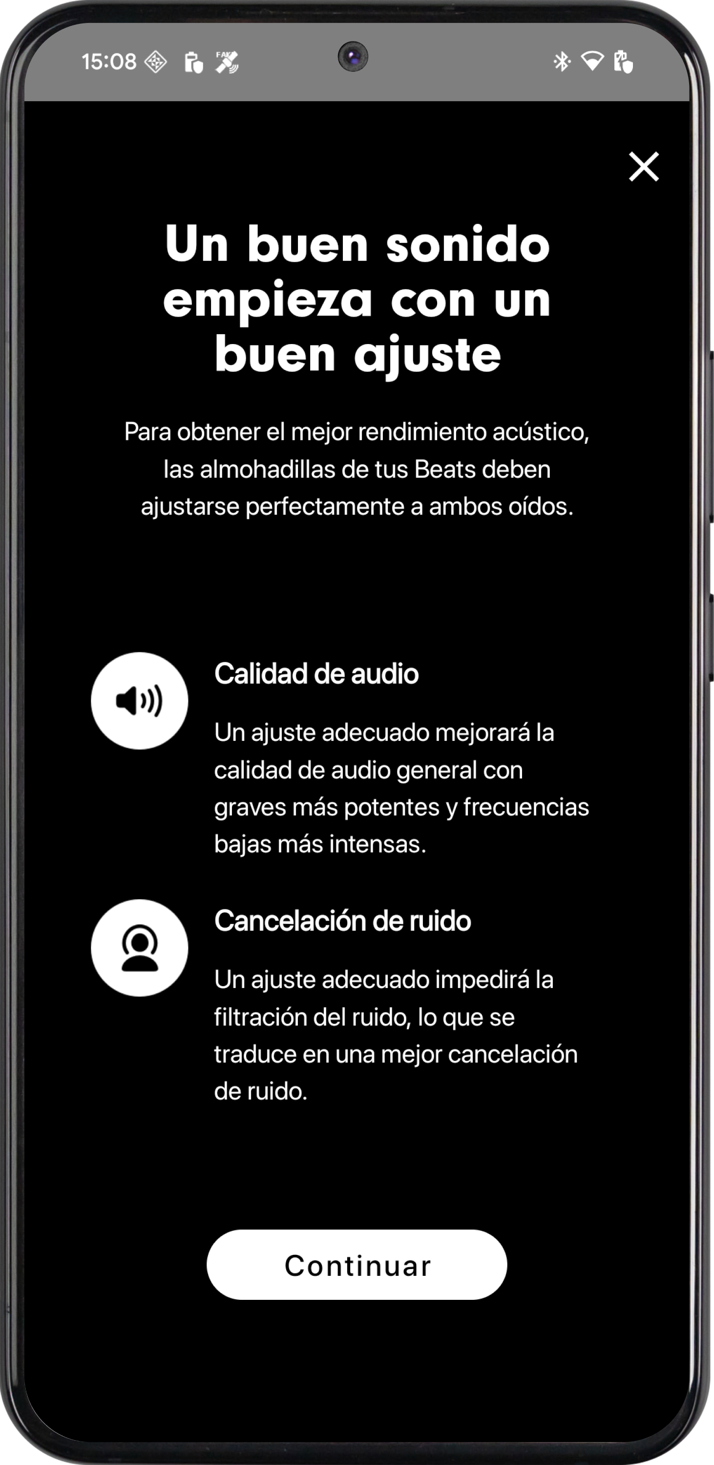 Pantalla de la prueba de ajuste de las almohadillas en un teléfono Android