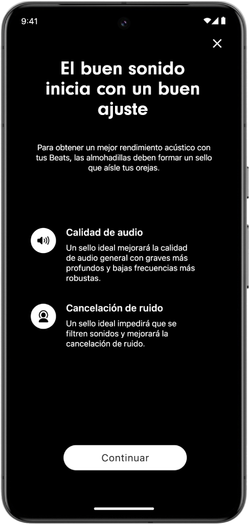 Pantalla de la prueba de ajuste de almohadillas en un teléfono Android