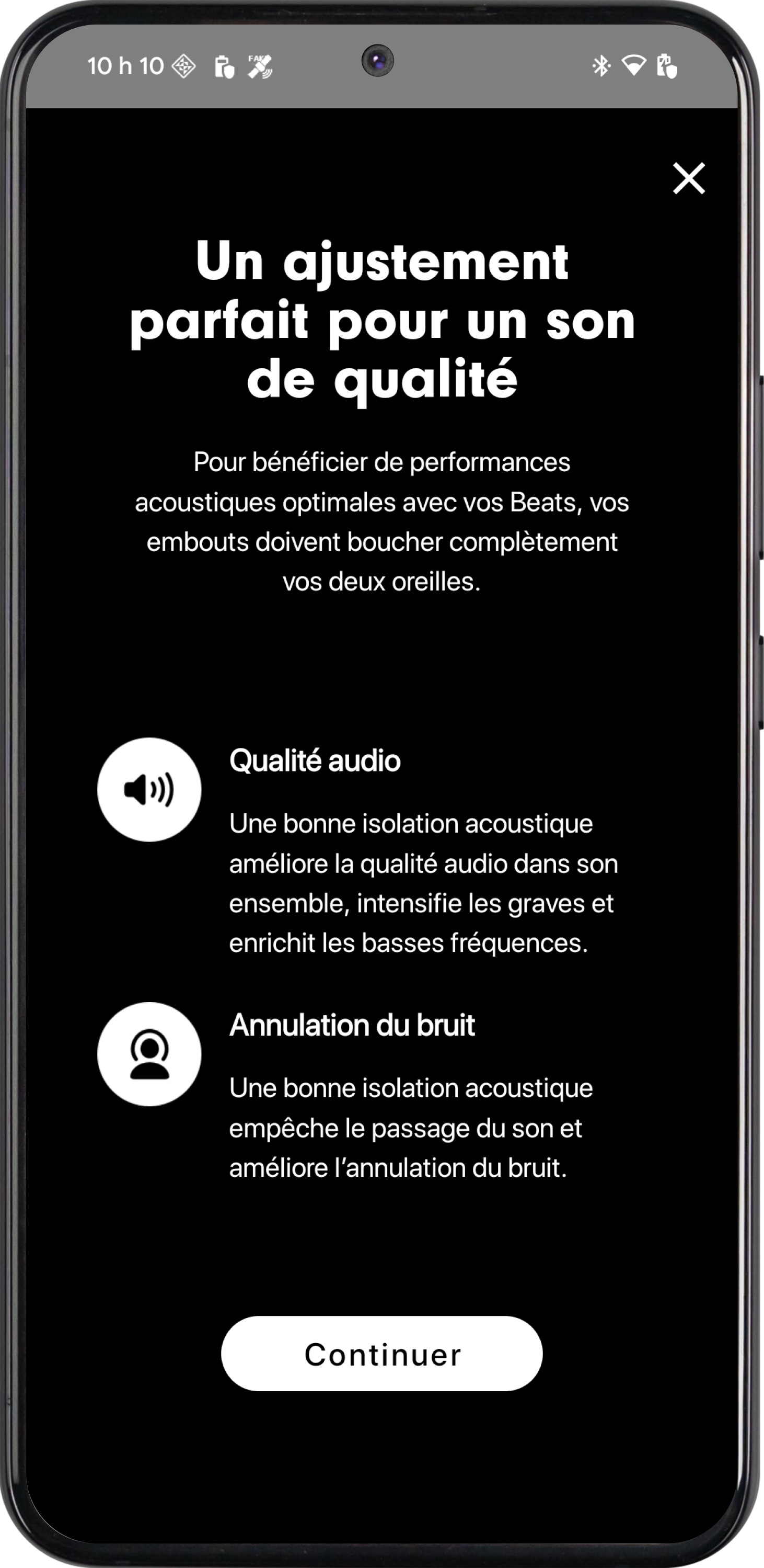 Écran du Test d’ajustement des embouts sur un téléphone Android