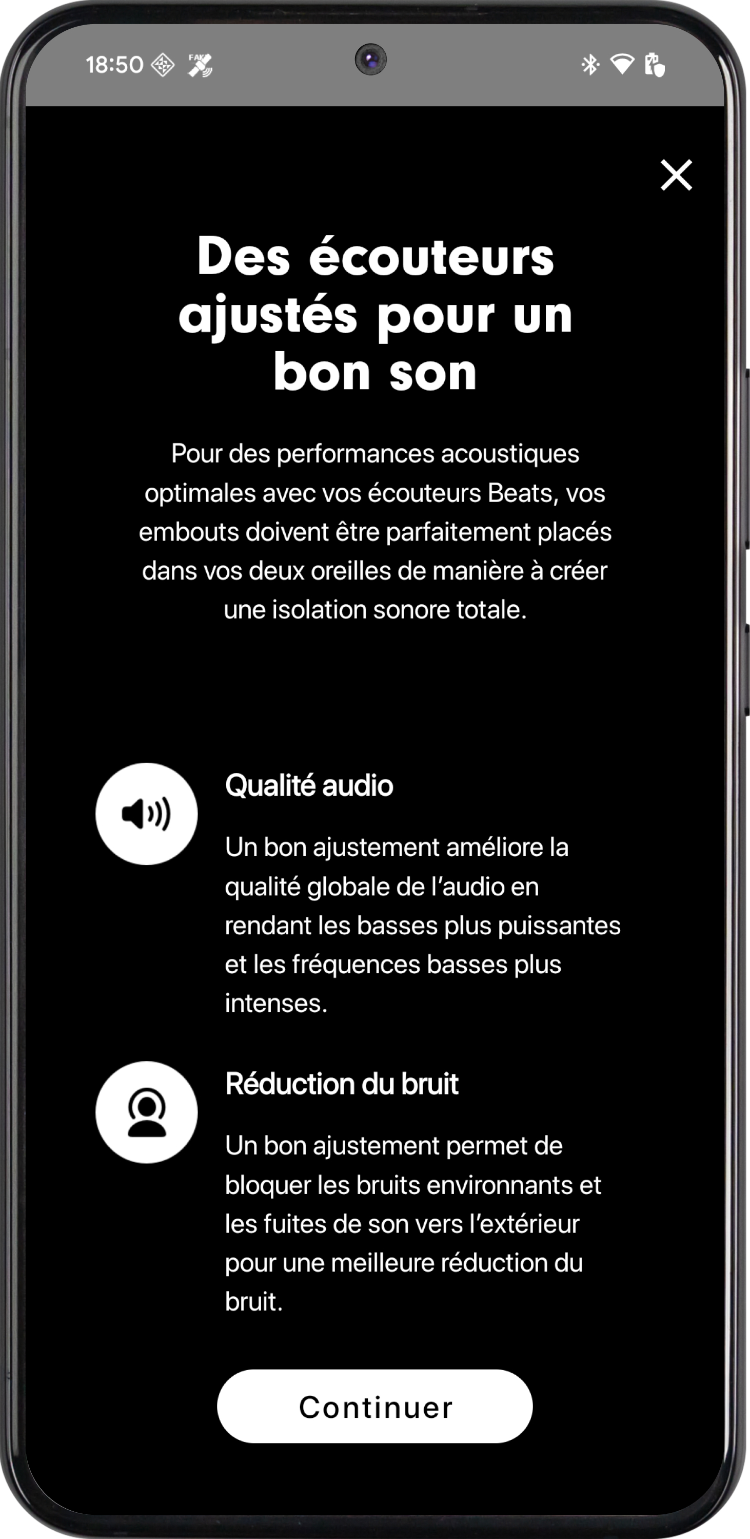 Écran du test d’ajustement des embouts sur un appareil Android