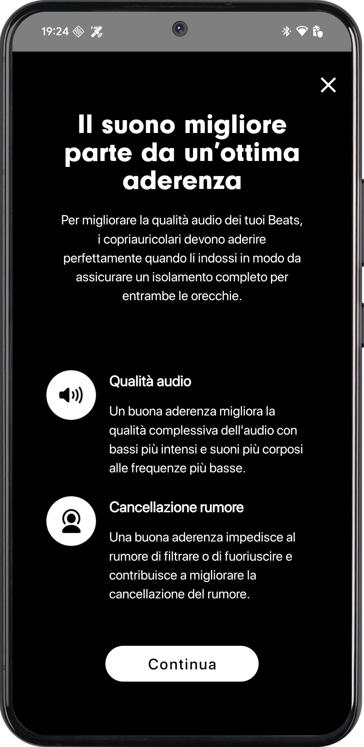 Schermata del test di aderenza dei copriauricolari su un telefono Android
