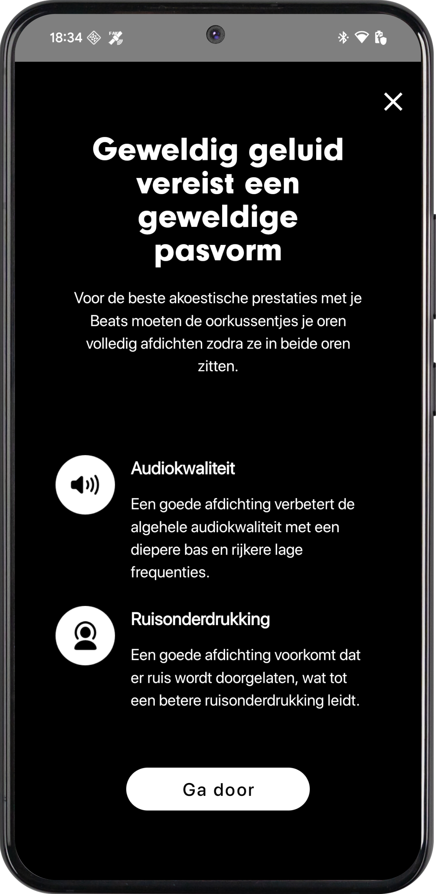Scherm met pasvormtest op oorkussentjes op een Android-telefoon