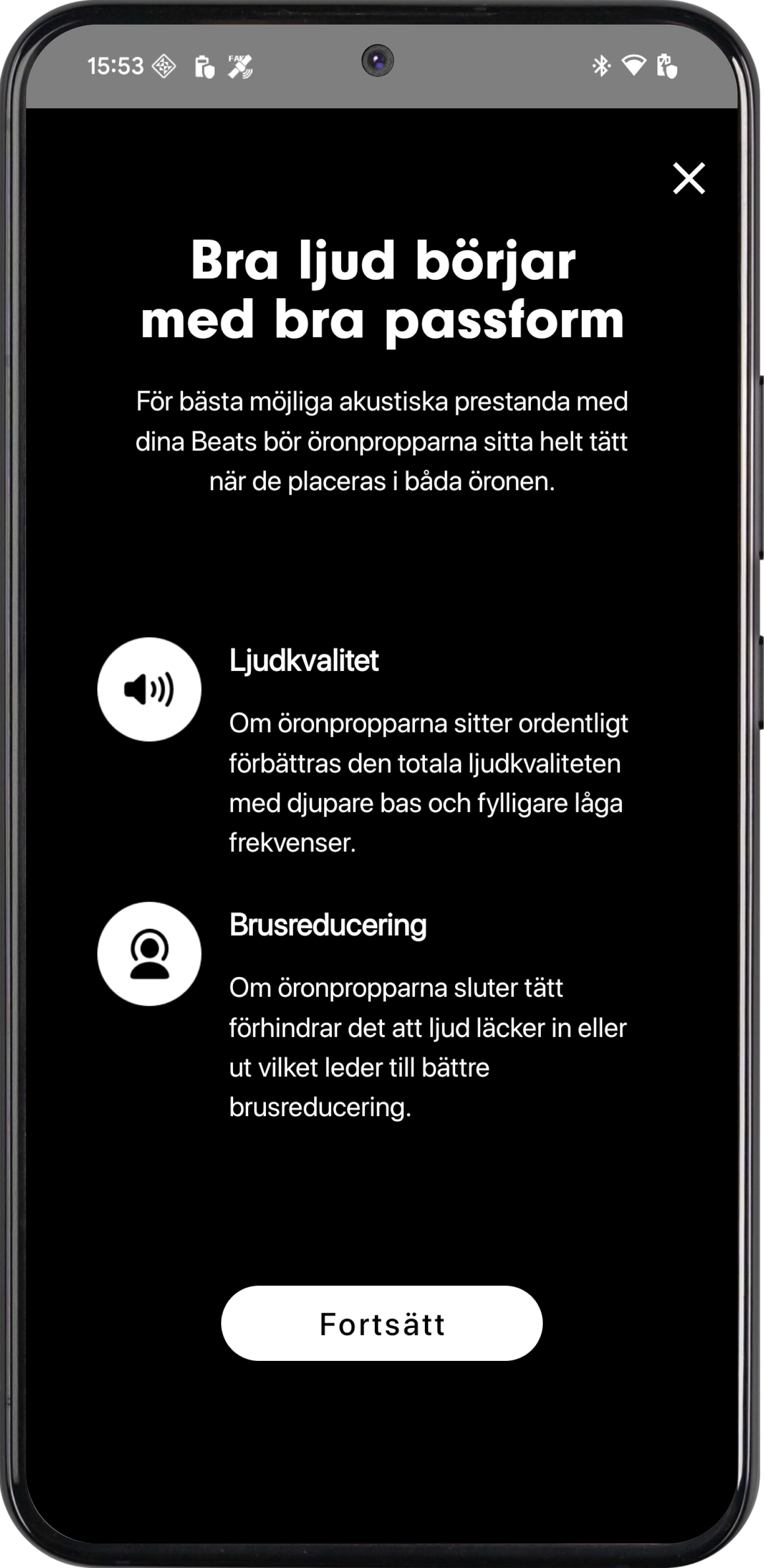 Skärmbild av Test av örontopparnas passform på en Android-telefon