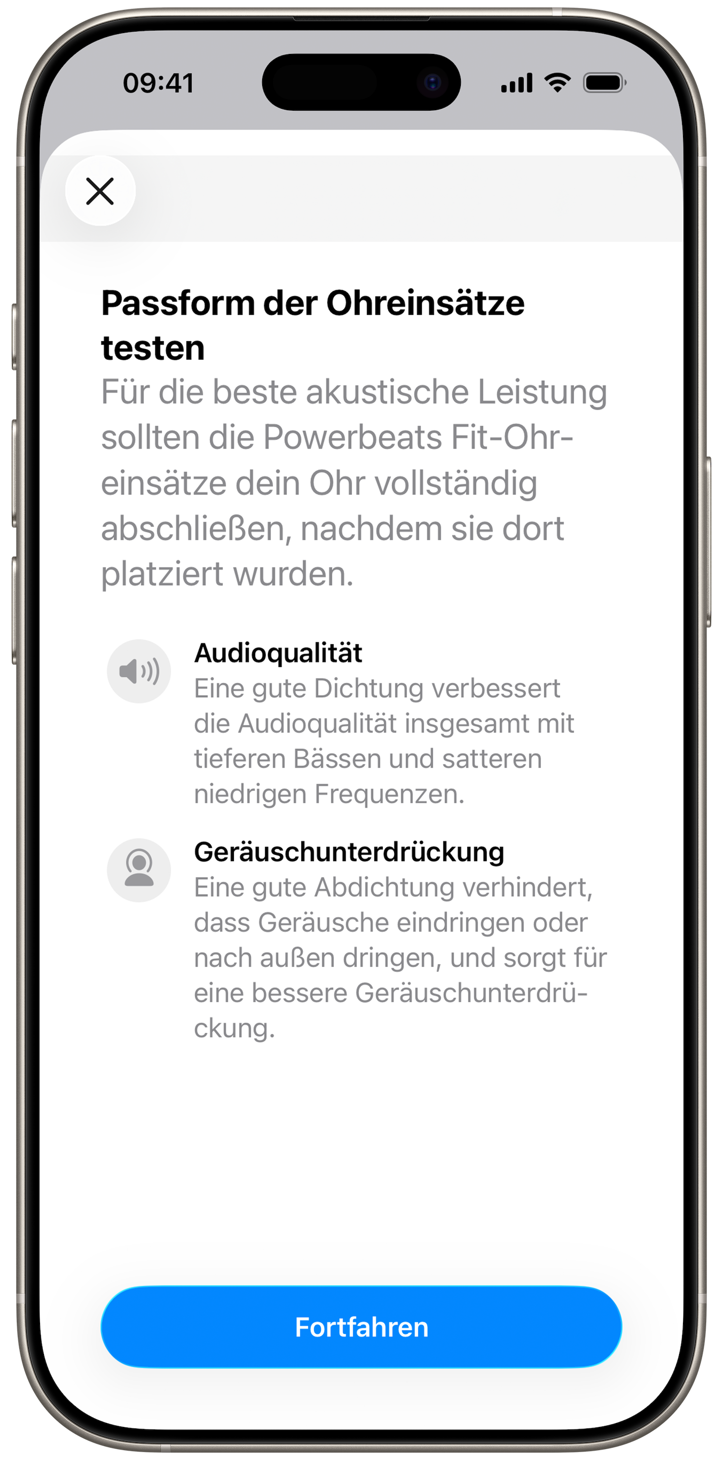 Bildschirm des Passtests für Ohreinsätze auf einem iPhone