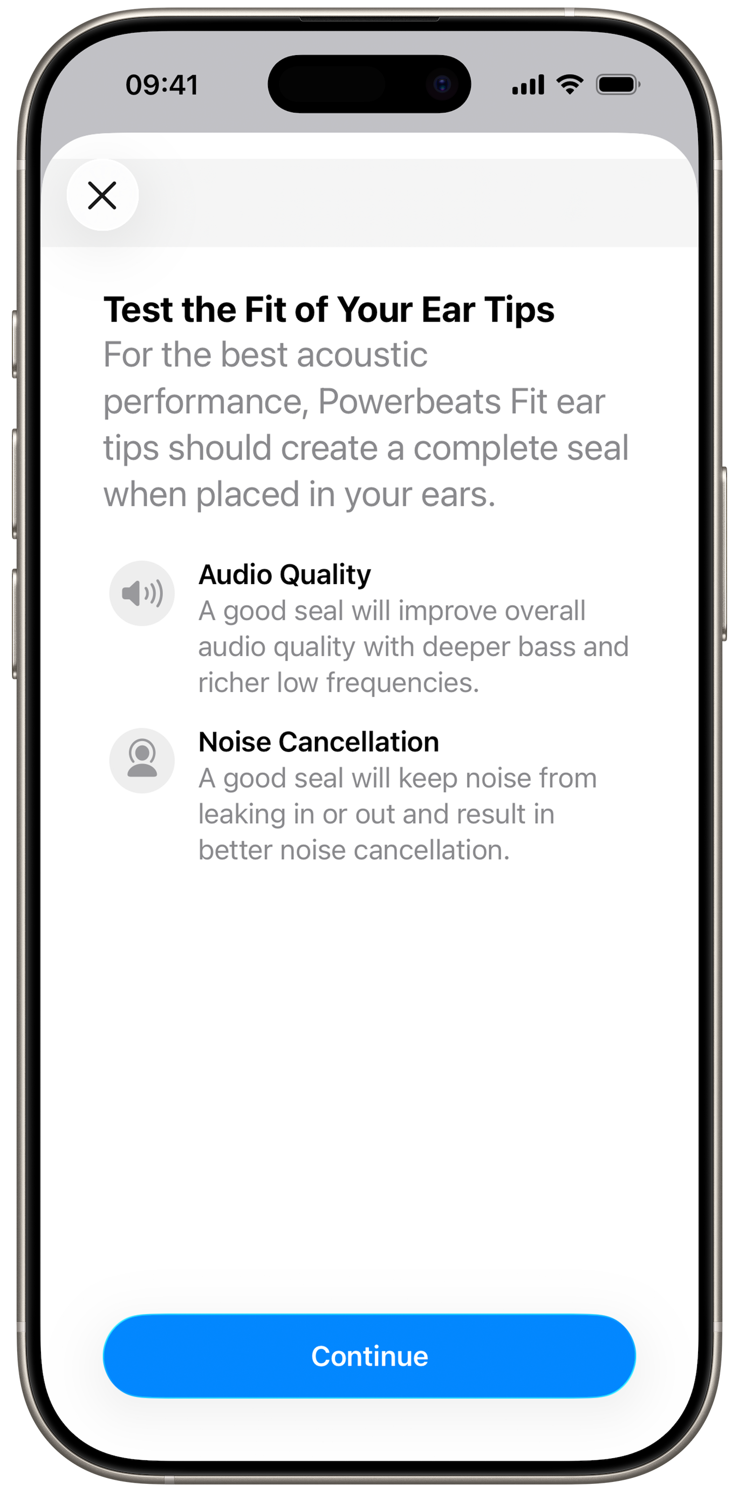 Screen of the Ear Tip Fit Test on an iPhone
