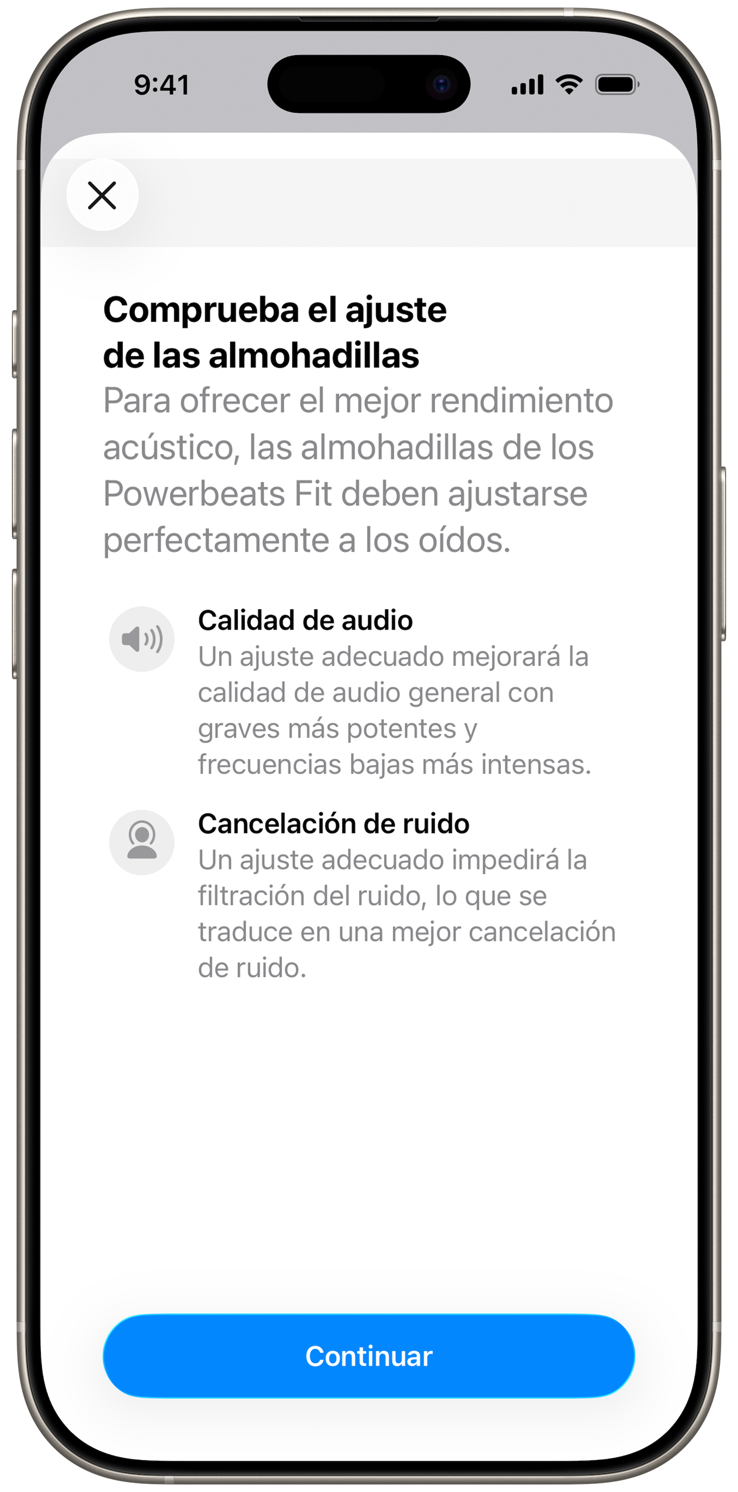 Pantalla de la prueba de ajuste de las almohadillas en un iPhone
