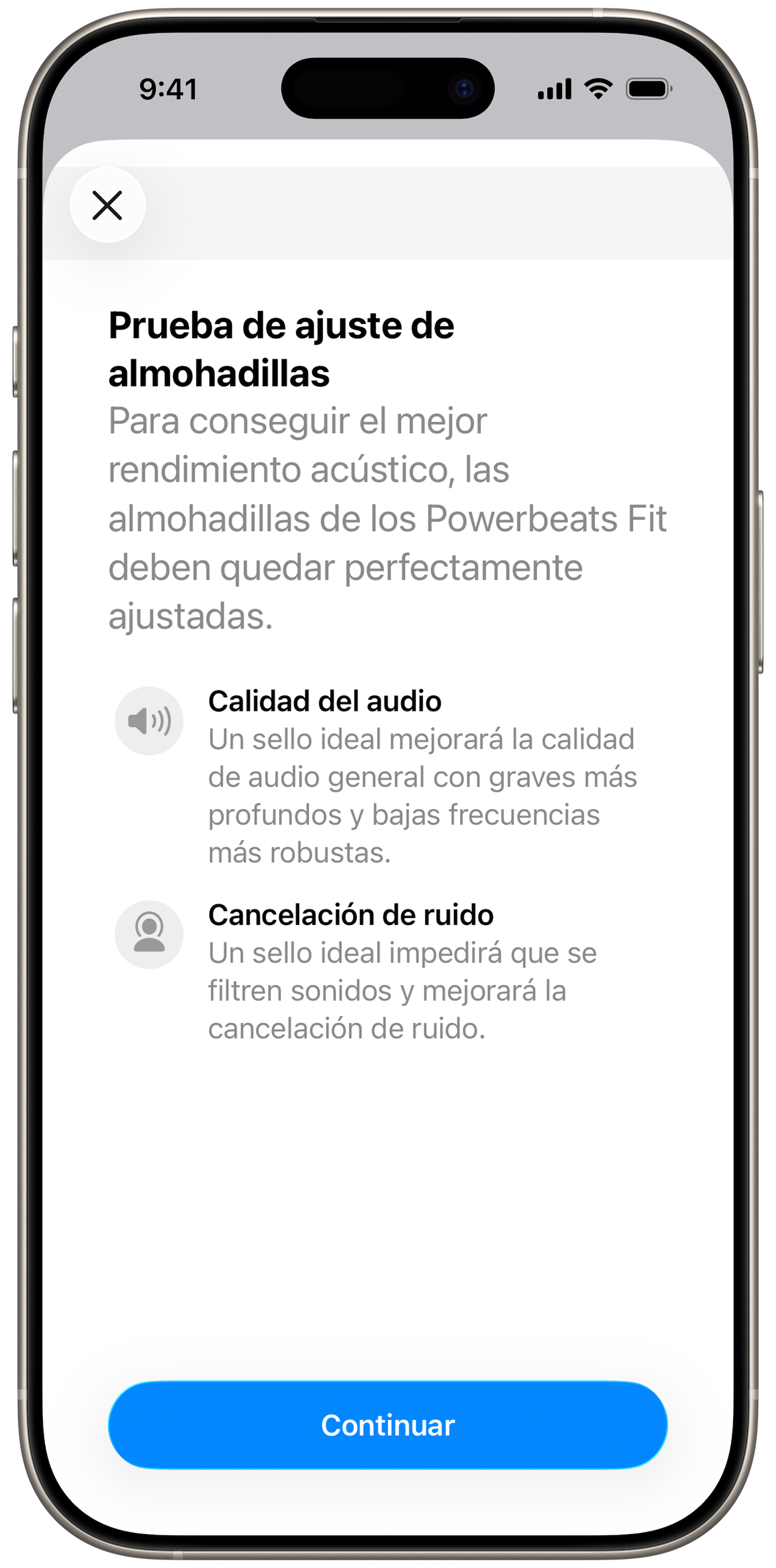 Pantalla de la prueba de ajuste de almohadillas en un iPhone