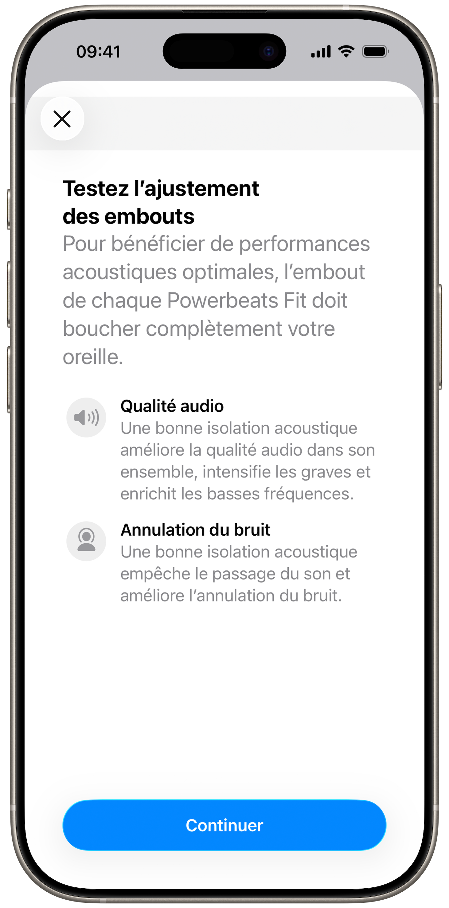 Écran du Test d’ajustement des embouts sur un iPhone