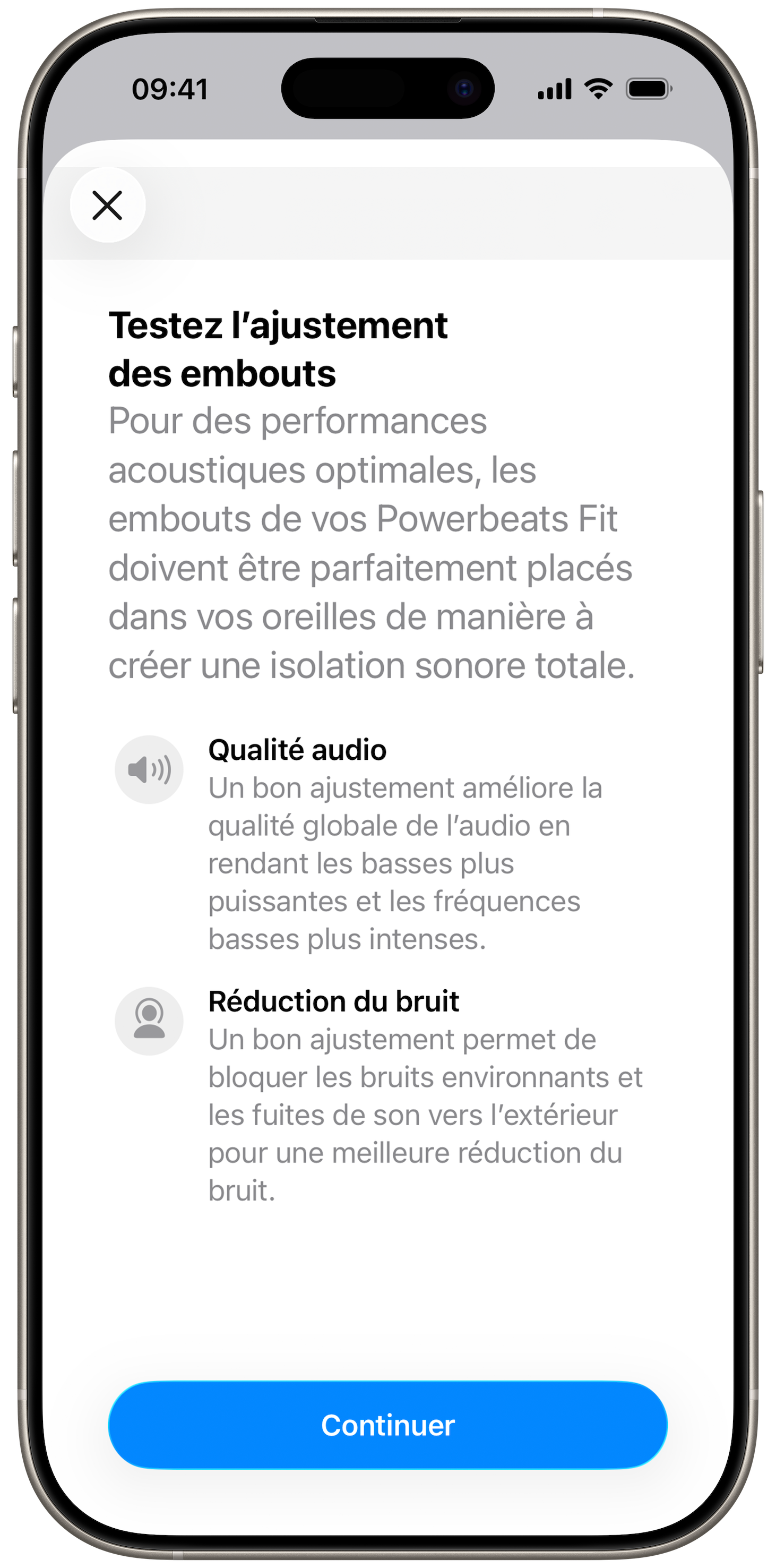 Écran du test d’ajustement des embouts sur un iPhone