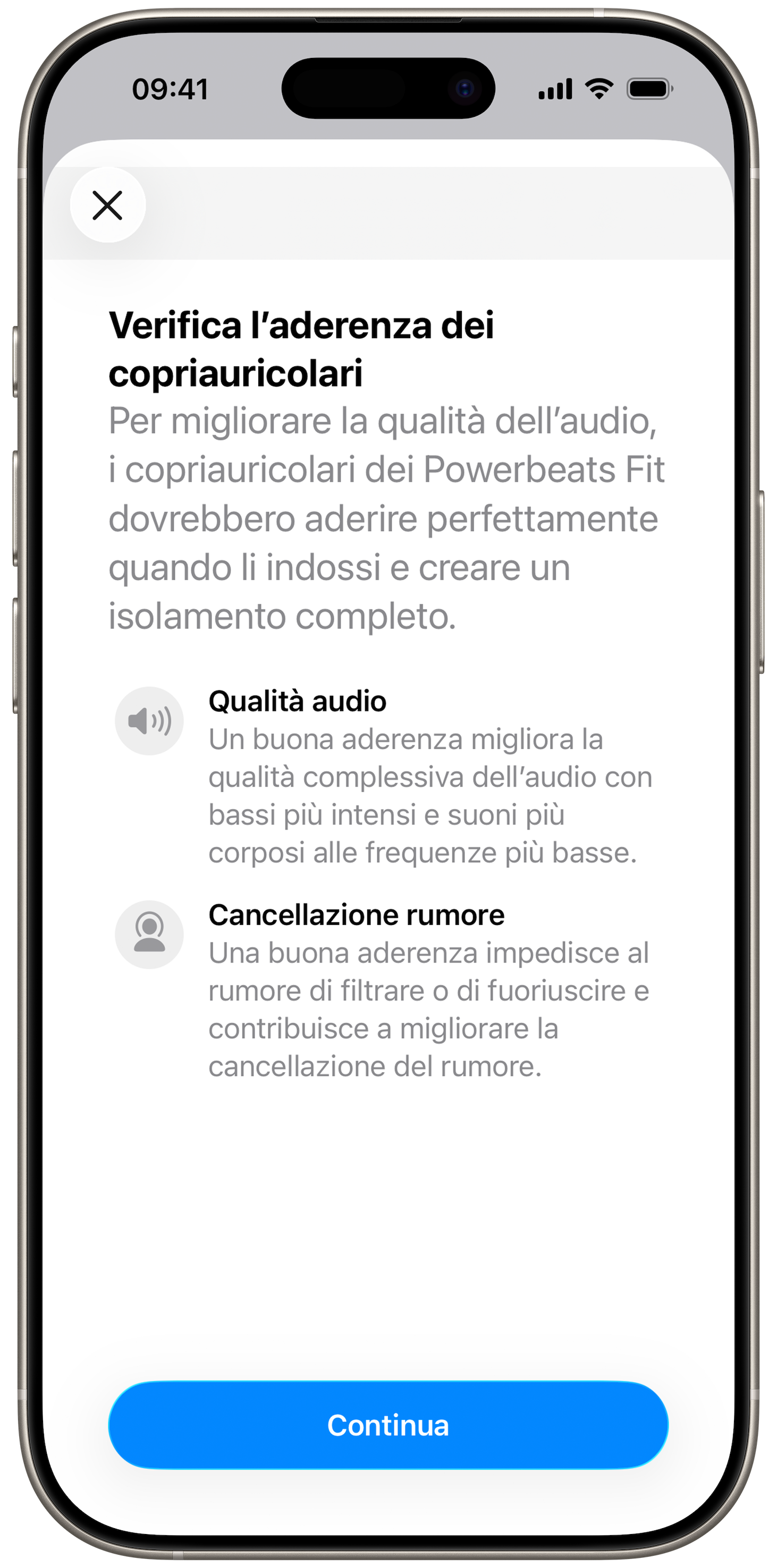 Schermata del test di aderenza dei copriauricolari su un iPhone