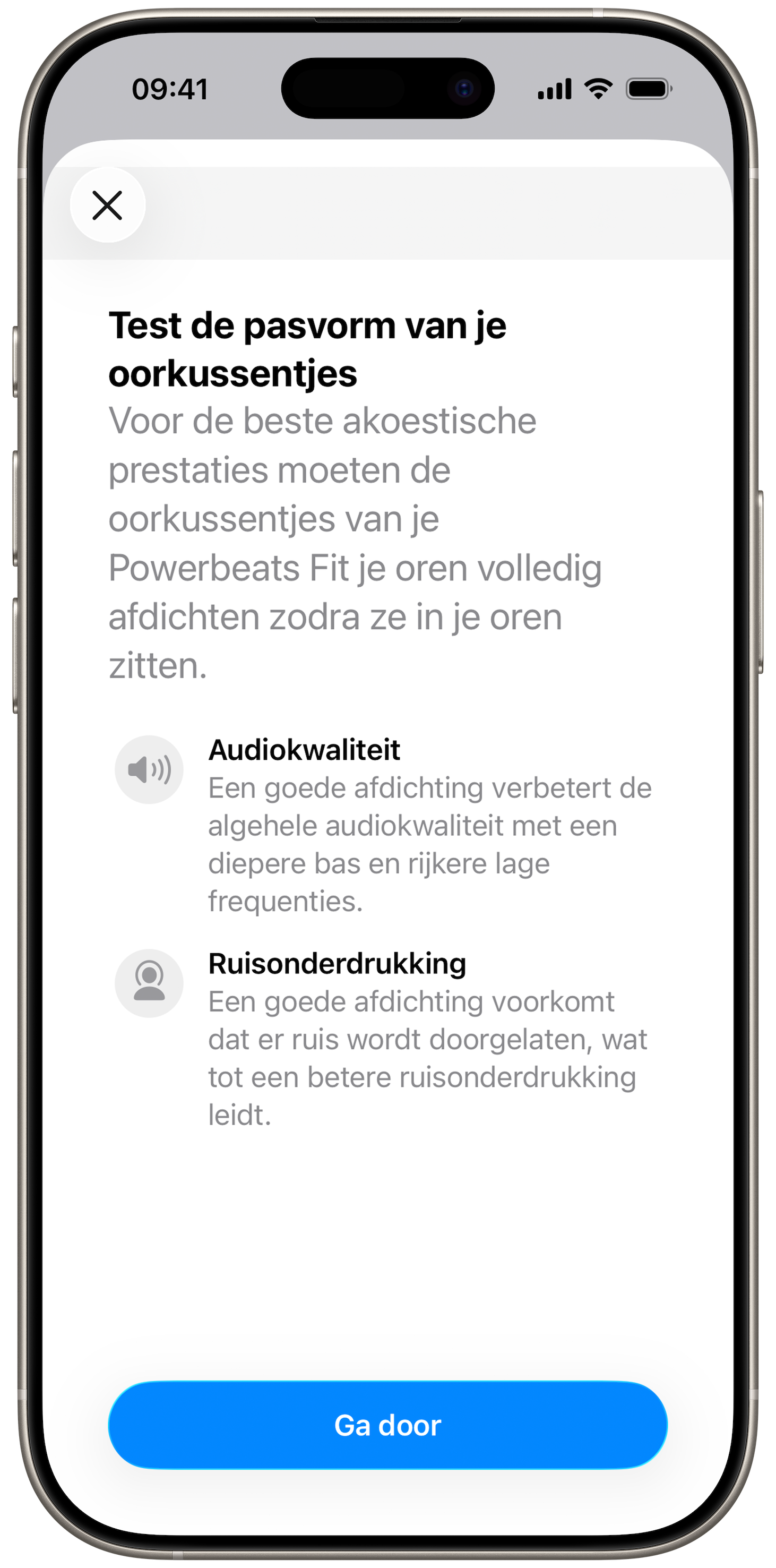 Scherm met pasvormtest voor oorkussentjes op een iPhone