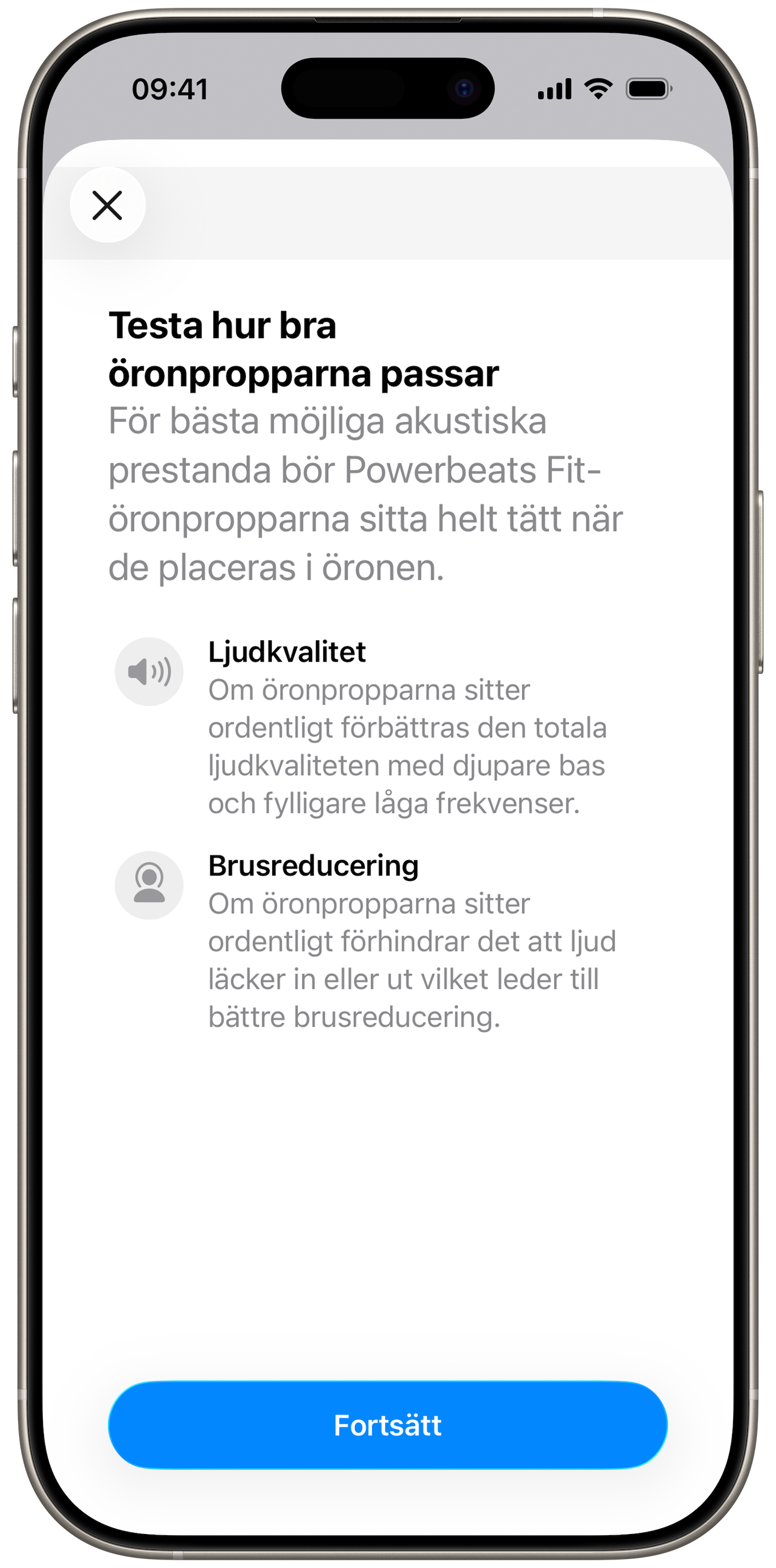 Skärmbild av Test av örontopparnas passform på en iPhone