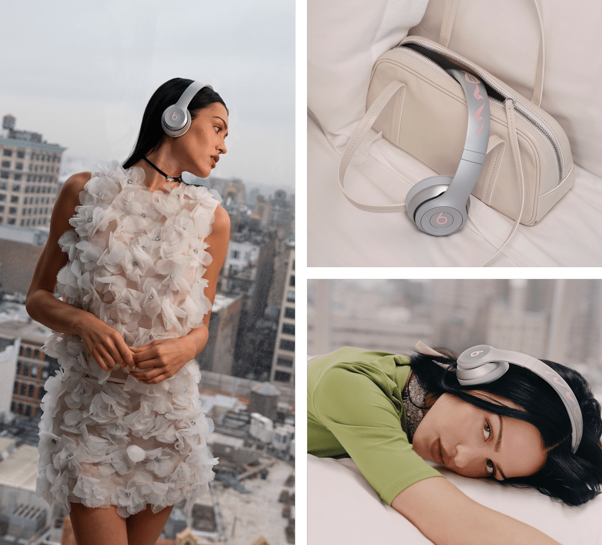 Amelia Gray wearing the Sandy Liang Limited Edition Beats Solo 4 headphones