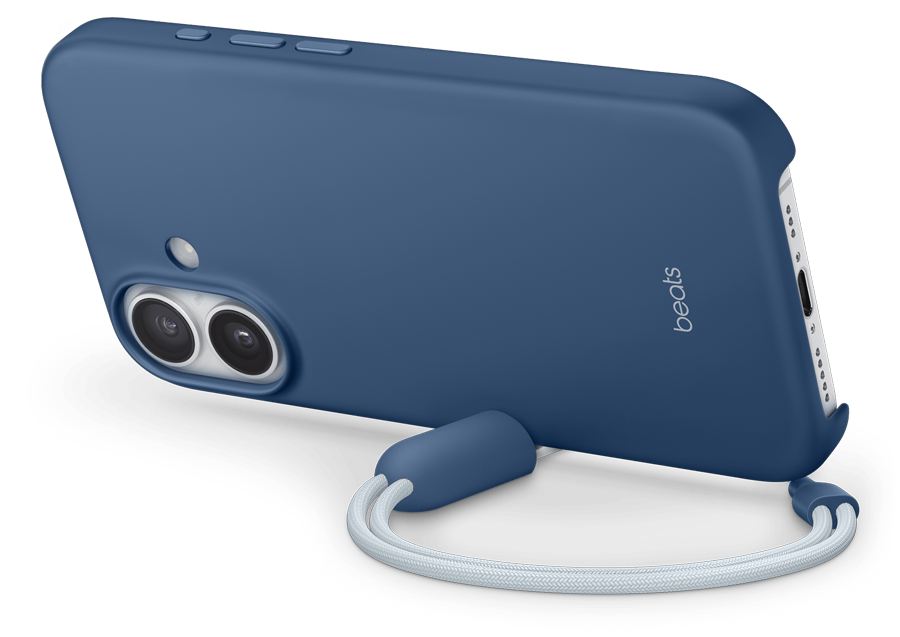 Closeup of the Beats iPhone 17 Kickstand Case with camera cut-out, removable lanyard and kickstand