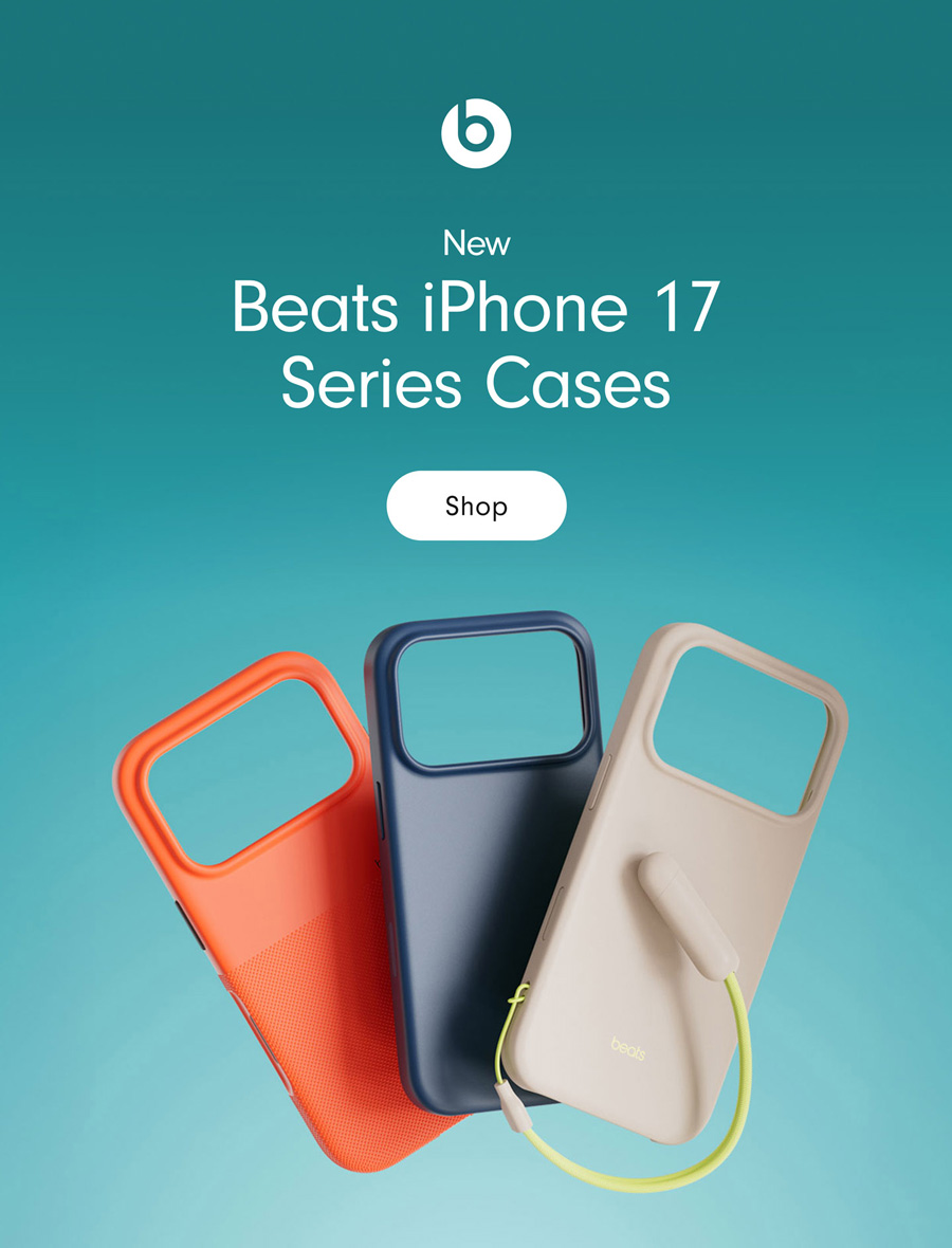Family shot of the Beats iPhone 17 Series Cases showing the Rugged, Kickstand, and standard cases