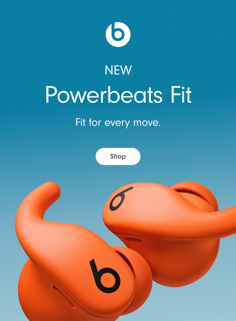 Floating Powerbeats Fit earbuds showing the Beats logo and wing tips