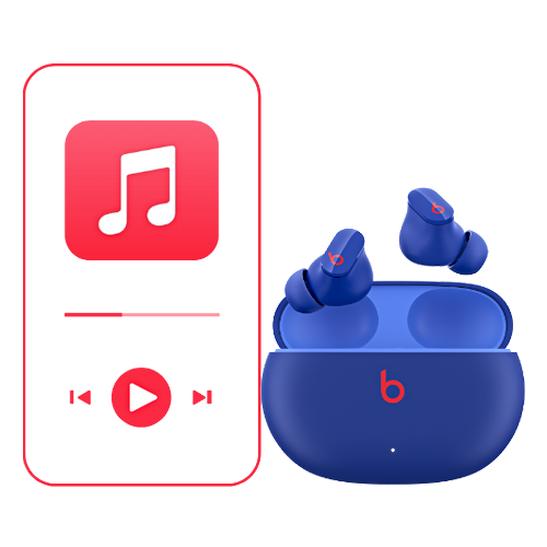 Apple Music Player und Beats Studio Buds auf weißem Hintergrund