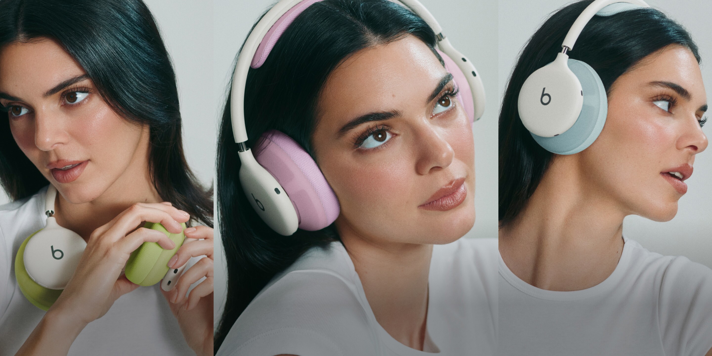 Kendall Jenner wearing Beats 360 headphones against a light colored background.