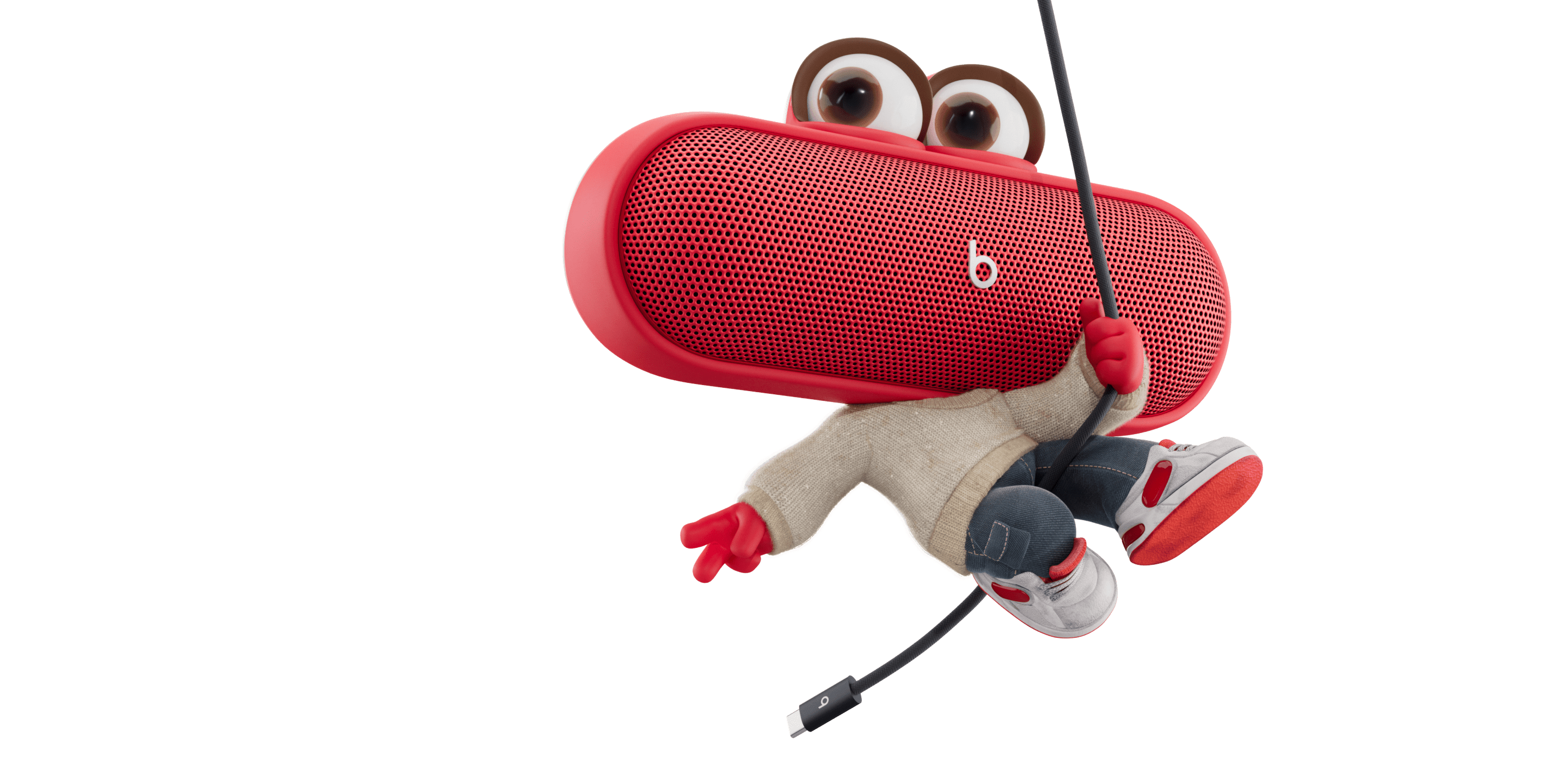 Pill People animated character swinging on the Beats 10-foot USB-C charging cable.