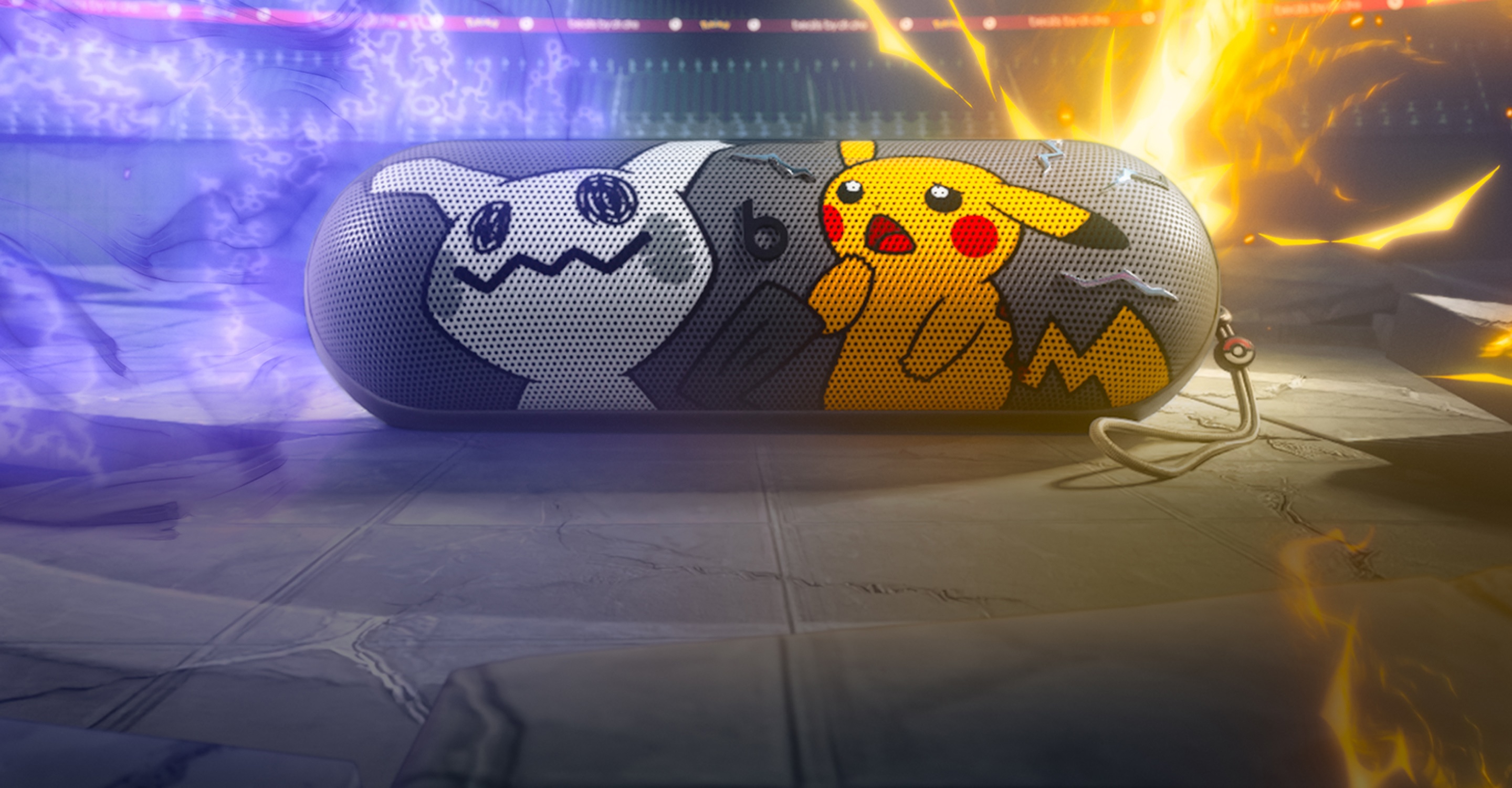 Front view of the Beats Pill – Pokémon special-edition portable Bluetooth® speaker, featuring Pikachu and Mimikyu characters on the front grill.