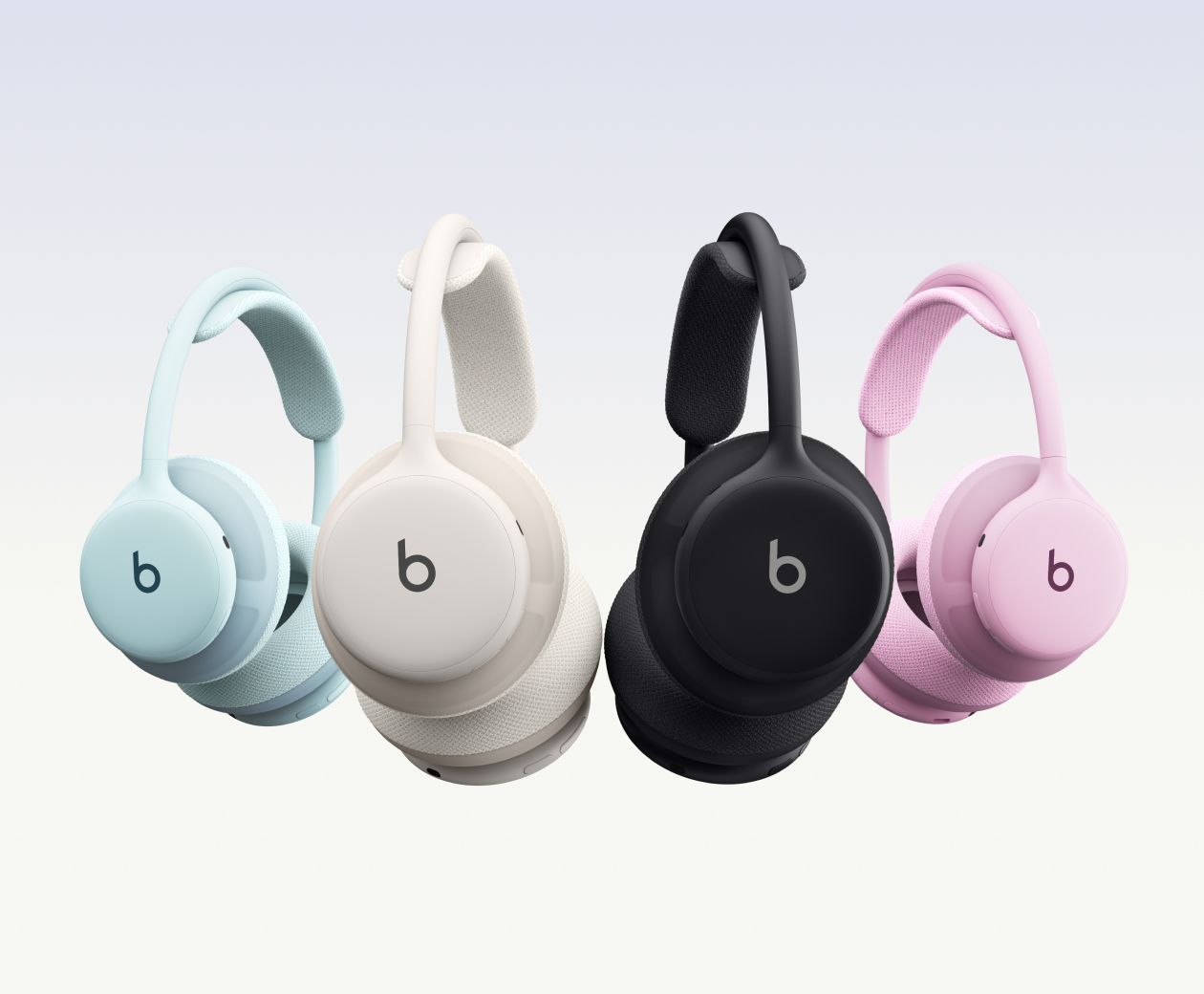 Beats 360 headphones shown in a four-color lineup—Sky, Cloud, Black, and Pink—each paired with a color-matched Performance Knit Cushion Kit.