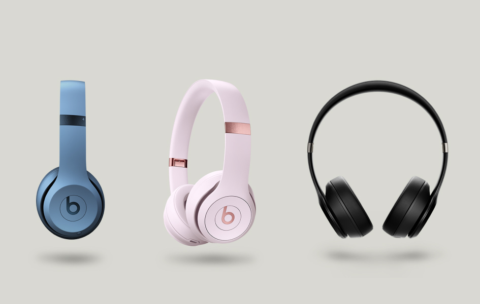 Beats Solo 4 headphones shown in Slate Blue, Cloud Pink and Matte Black