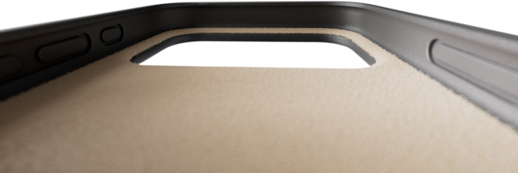 A close-up of the soft, microfiber lining of the Beats iPhone 17 Kickstand Case with MagSafe and Camera Control.