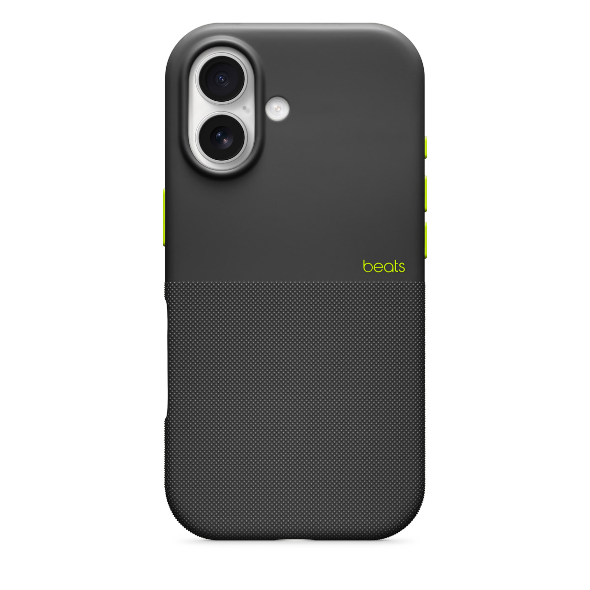 Beats iPhone 17 Rugged Case with MagSafe and Camera Control in Everest Black, attached to white iPhone 17, seen through camera cutout. 