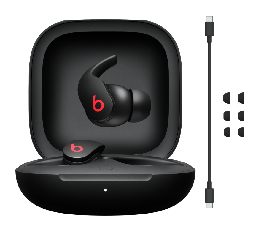 Beats Fit Pro and all included what's in the box contents shown: earbuds, case, charging cable and eartips