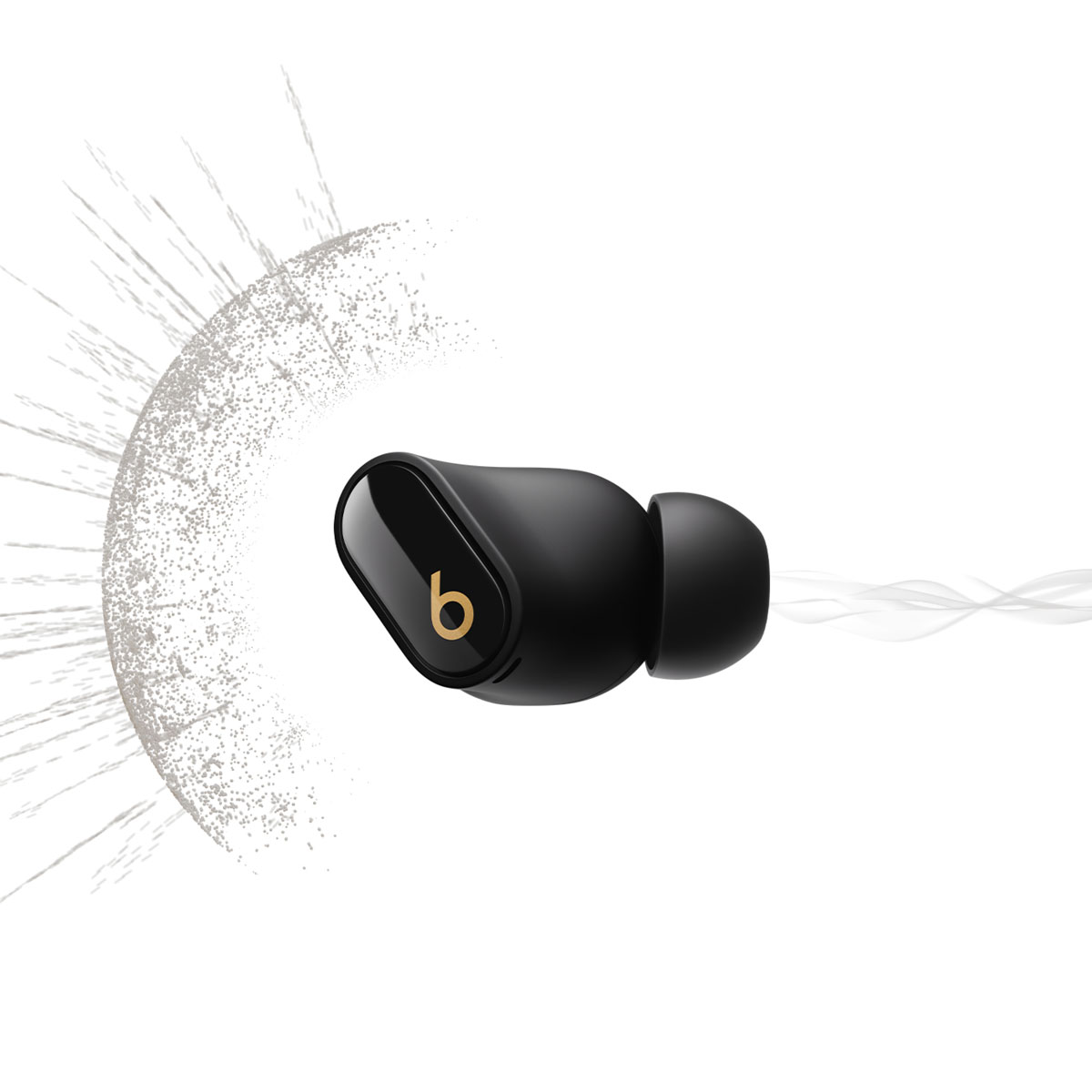 Beats Studio Buds + earbud demonstrating Active Noise Cancellation with sound wave graphics