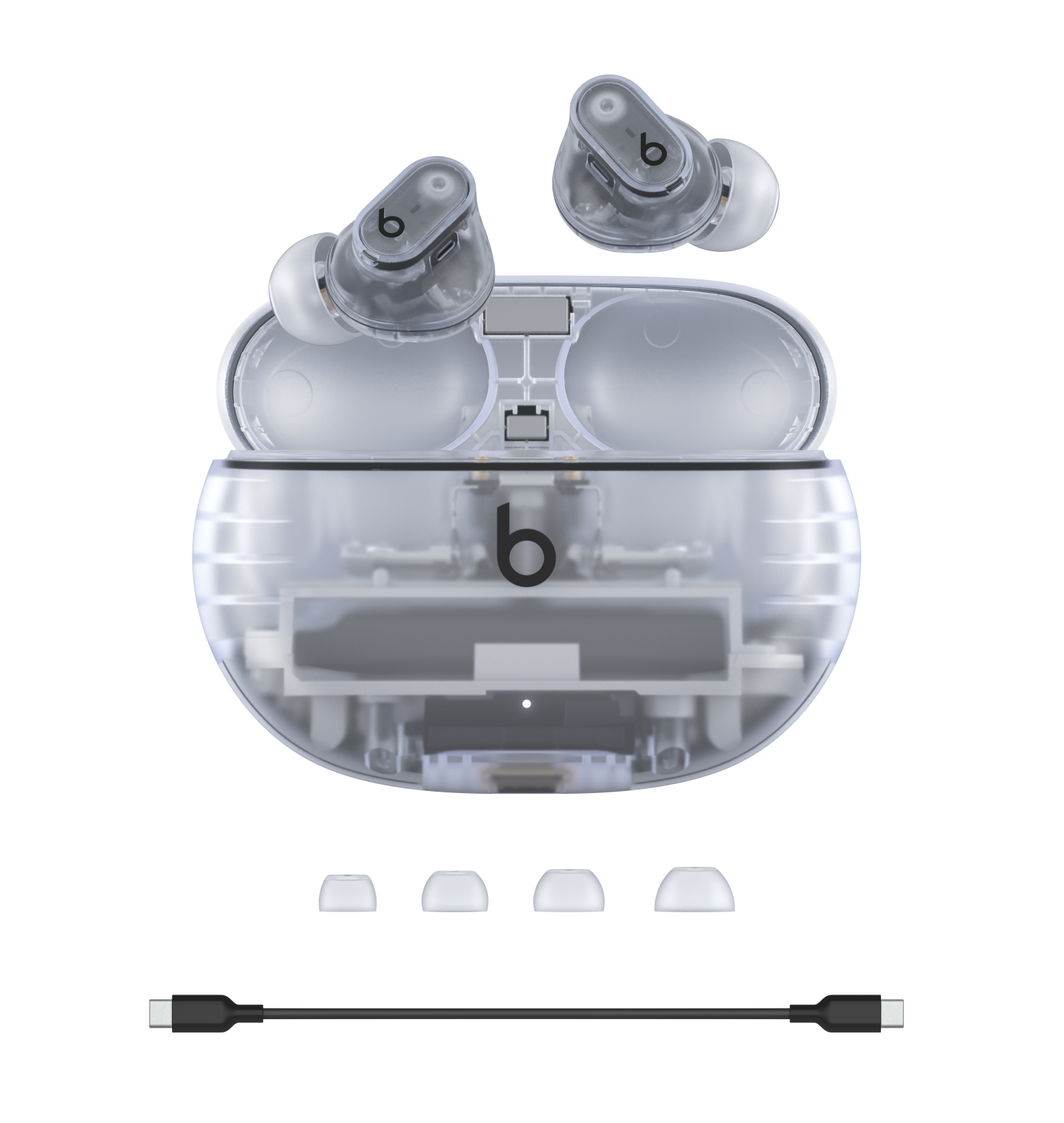 Beats Studio Buds + case, earbuds, ear-tips, and cord in Transparent.