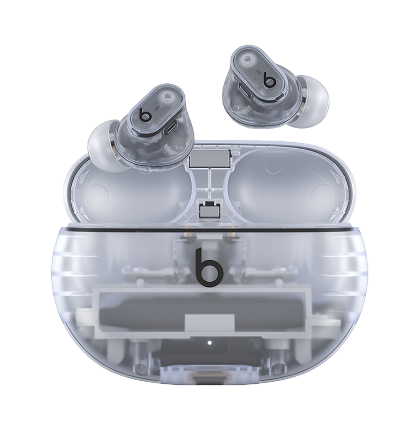 Beats Studio Buds + case, earbuds, ear-tips, and cord in Transparent.