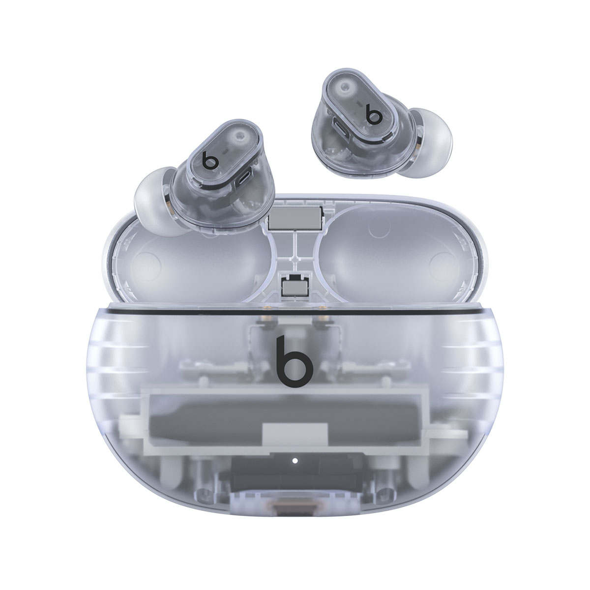 Beats Studio Buds + True Wireless Noise Cancelling Earbuds in Transparent, with Beats logo, above convenient charging case.