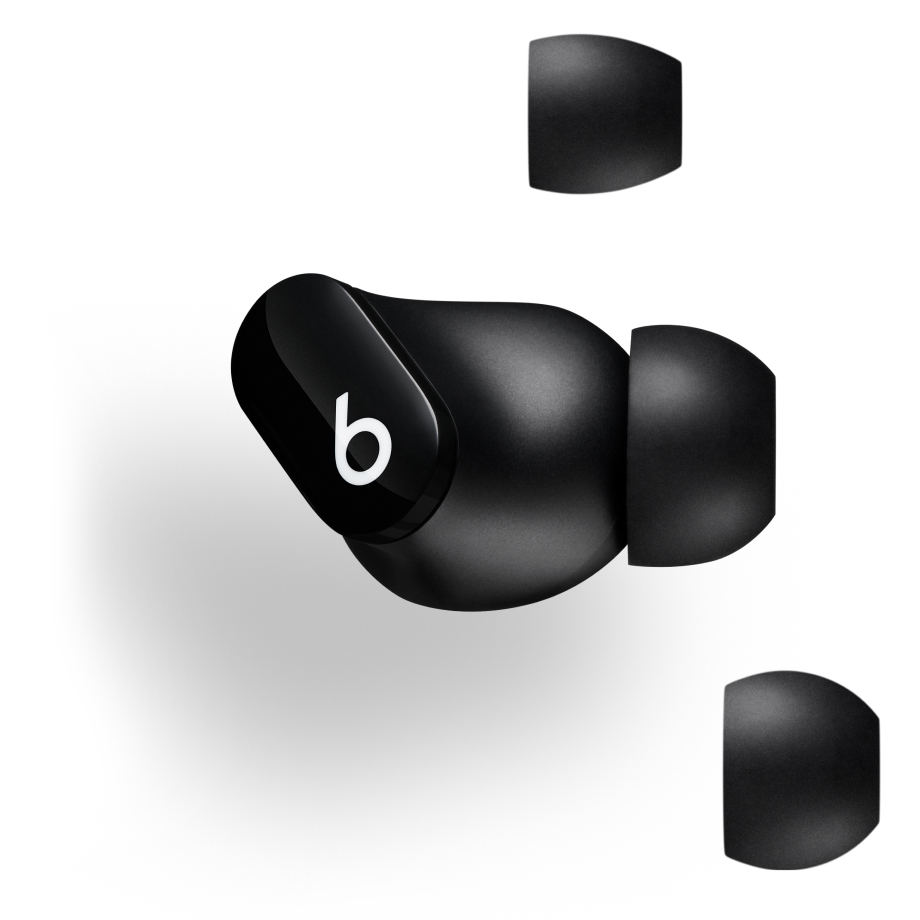 Image d'un écouteur Studio Buds présentant les tailles d'embouts : petit, moyen, grand
