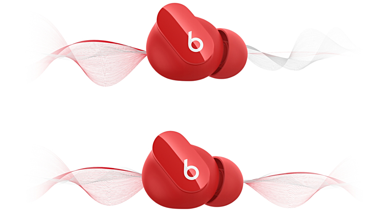 Ein Paar In-Ear Kopfhörer mit Grafik einer Schallwelle, die aktives Noise Cancelling veranschaulicht