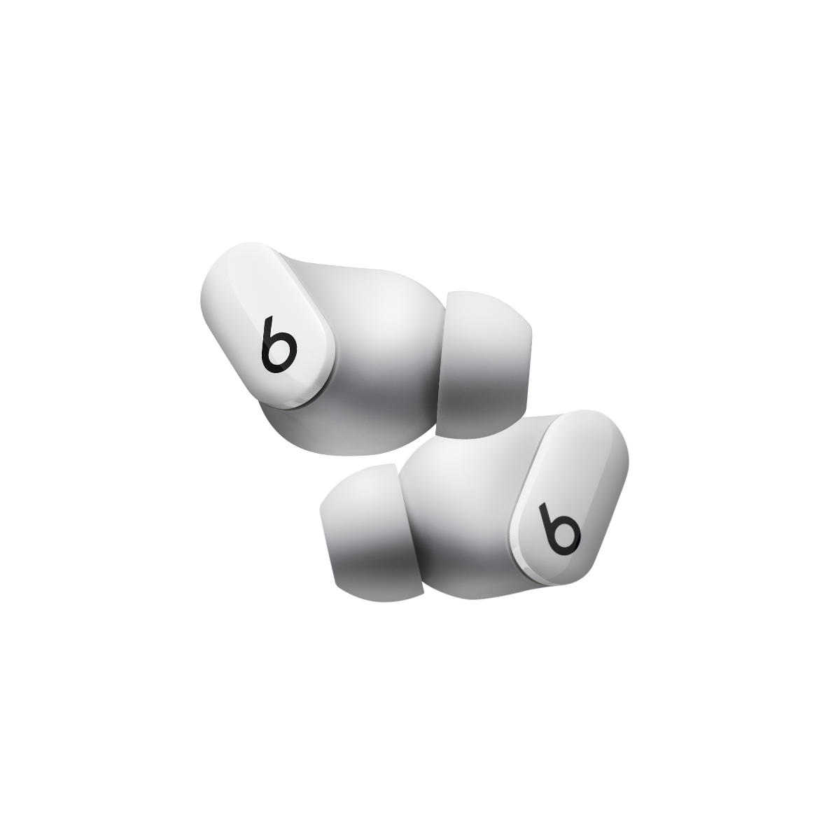 Closeup of Studio Buds earbud with emblazened  "b" logo