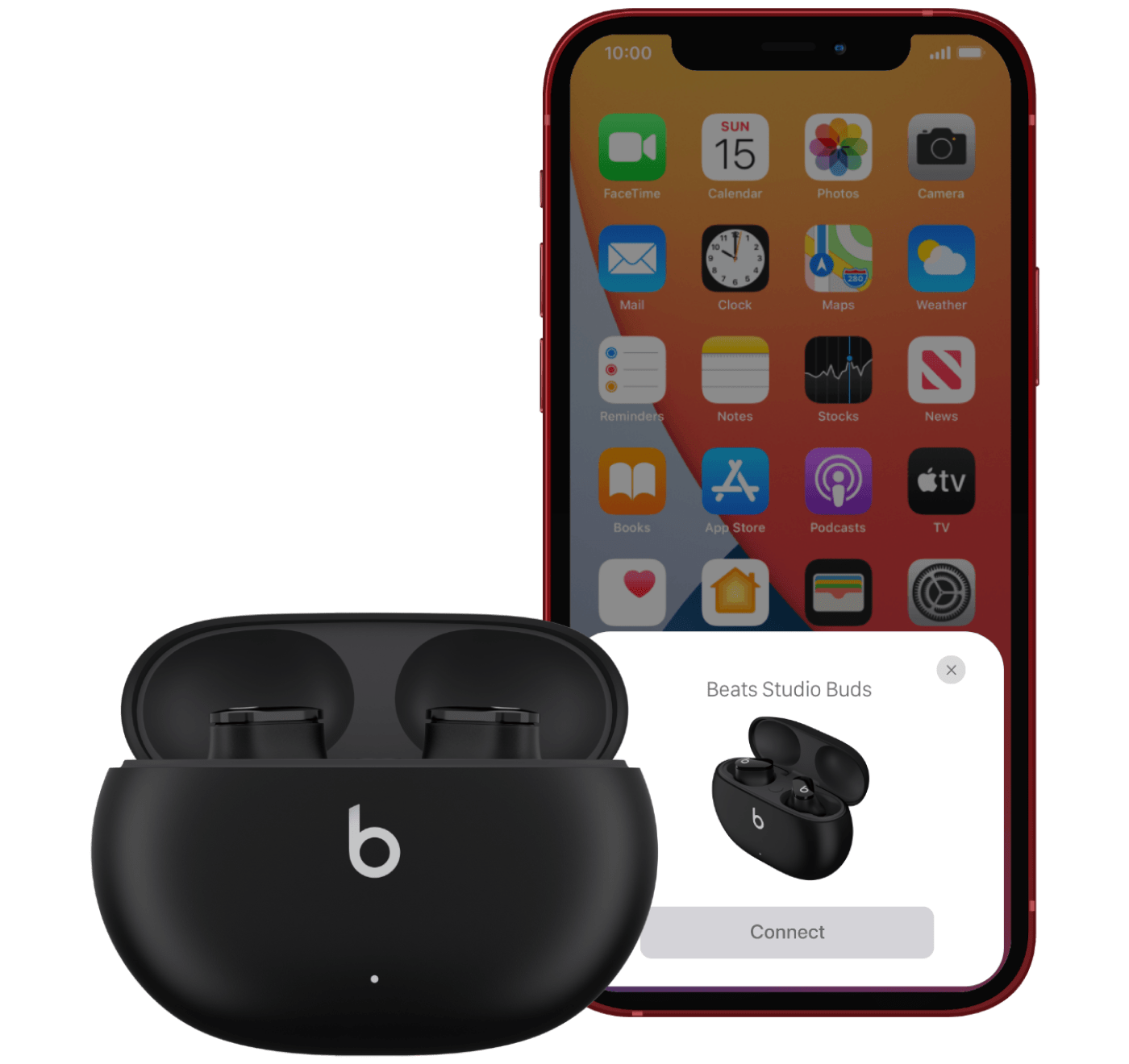 Beats Studio Buds with case next to an Android phone displaying the Beats app