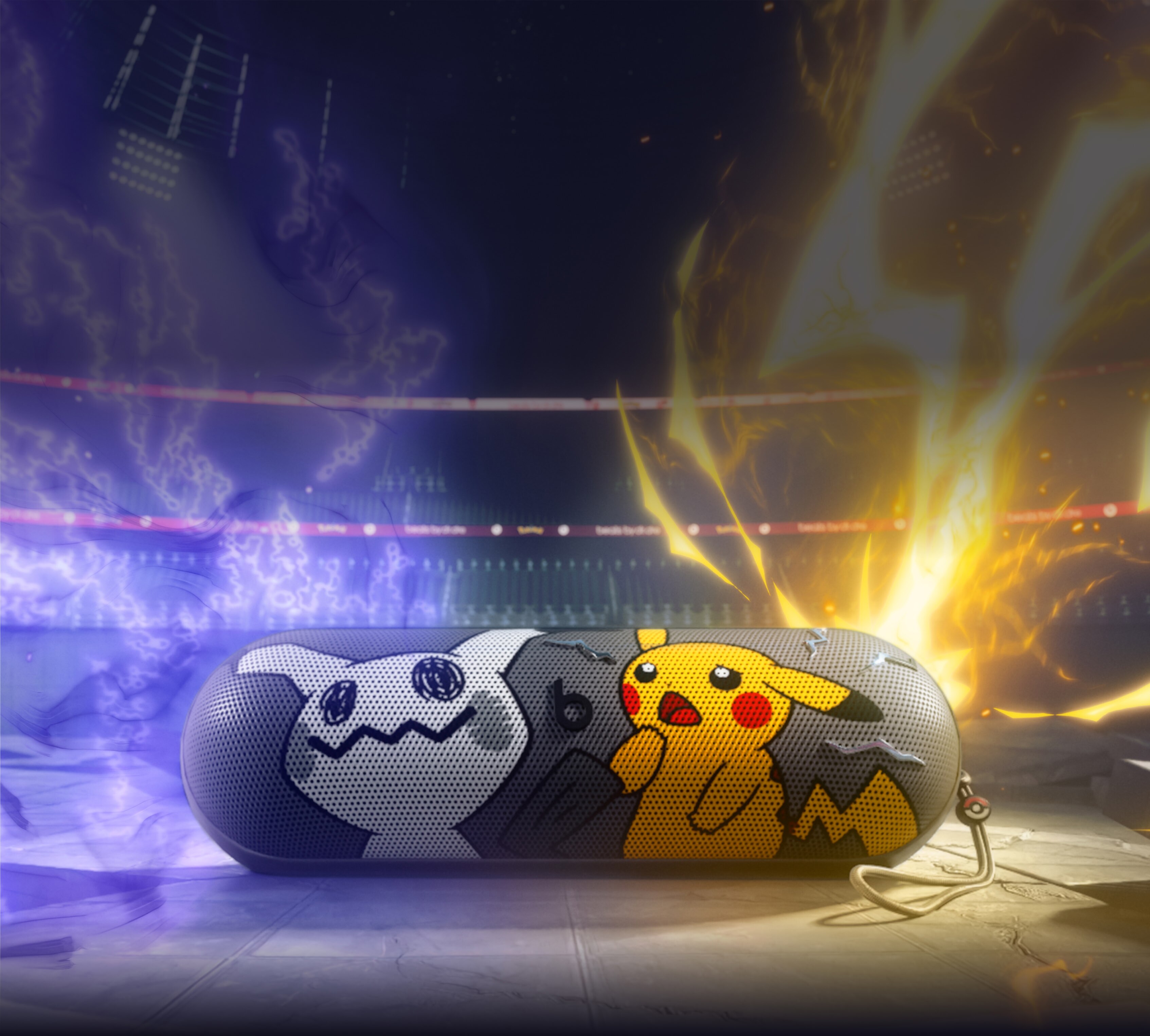 Front view of the Beats Pill – Pokémon special-edition portable Bluetooth® speaker, featuring Pikachu and Mimikyu characters on the front grill.