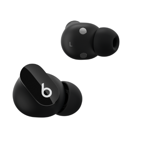 A pair of black Beats Studio Buds earbuds