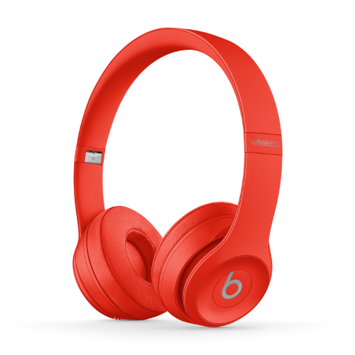 A pair of red Beats Solo3 Wireless headphones
