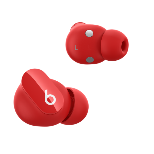 A pair of Red Beats Studio Buds earbuds